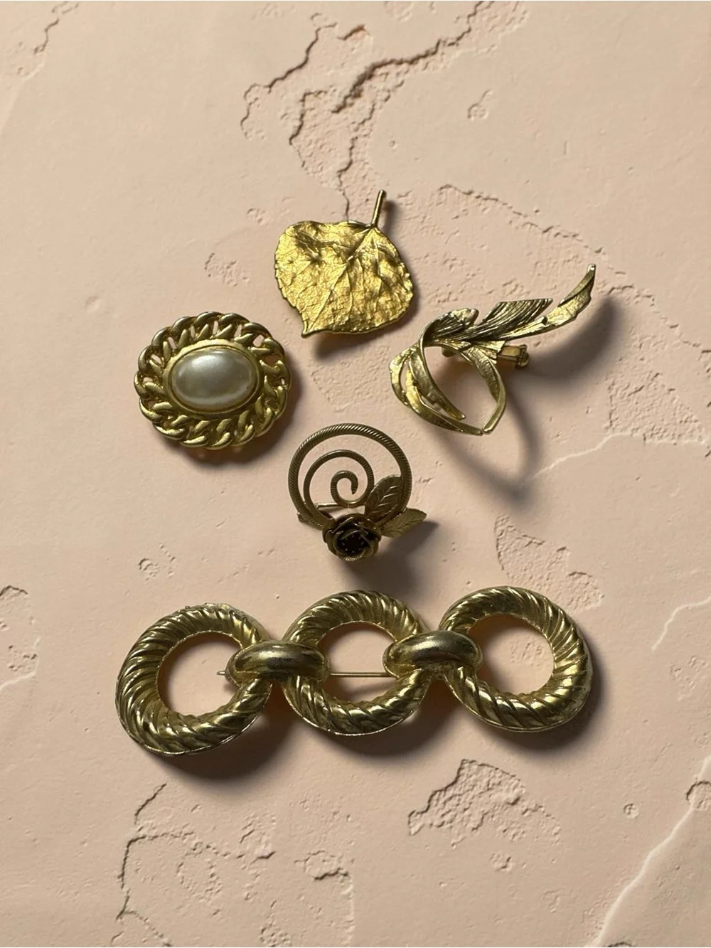 Gold-Tone Vintage Brooch Lot - Leaf, Chain & Pearl Styles